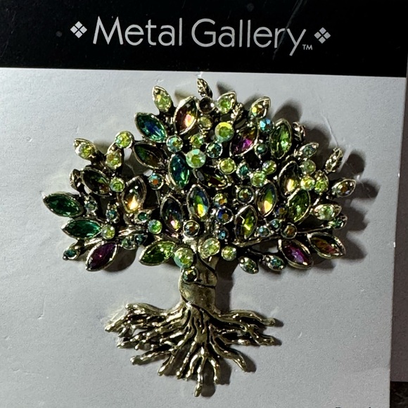 Metal Gallery Gold Tone Green Yellow Rhinestones Tree of Life Brooch Pin New - Picture 1 of 2